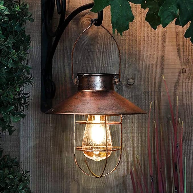 Pearlstar Solar Hanging Lantern with Edison Bulb, Brushed Copper